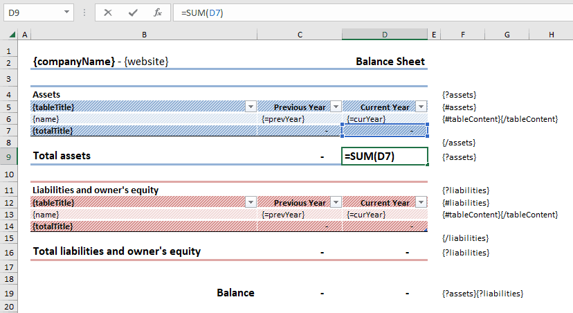 Balance sheet template editor preview